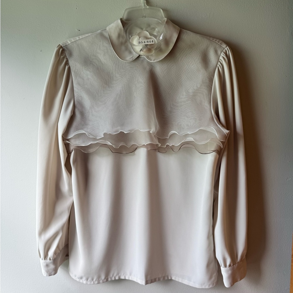 Cream Ruffled Blouse with Puff Sleeves and Peter Pan Collar